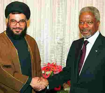 Kofi Annan is thanking Nasrallah, head of the terror group Hezbollah for maintaining law and order in the south of Lebanon.