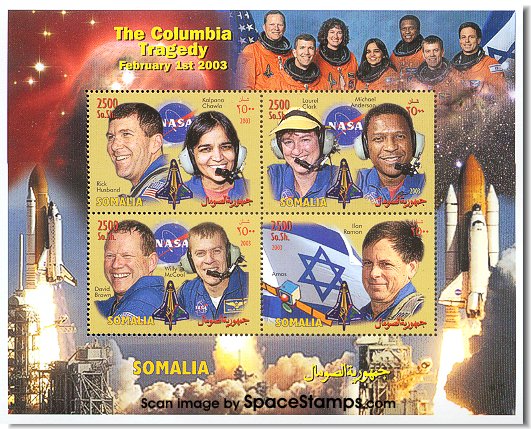 Somalia stamps in memory of Columbia Shuttle Astronauts and Ilan Ramon