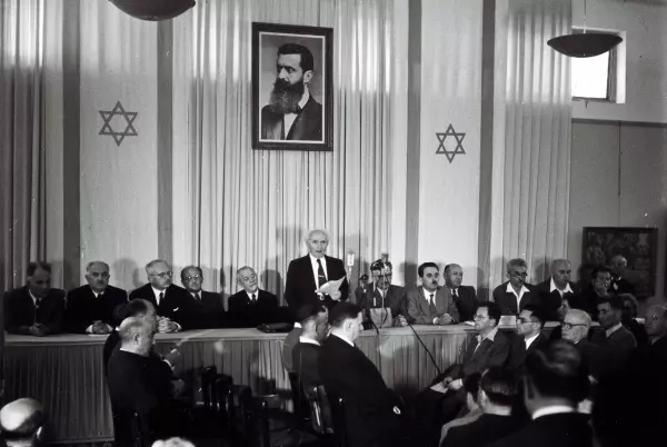 Jewish People's Council convened at the Tel Aviv Museum, May 14, 1948.